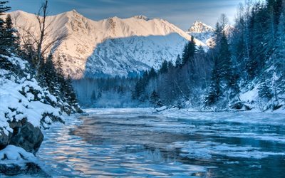 river, winter, mountains, alaska, forest, usa