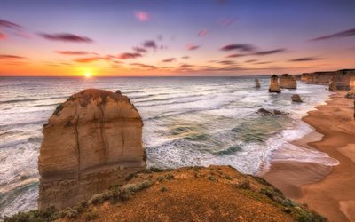 coast, sunset, twelve apostles, australia, rocks