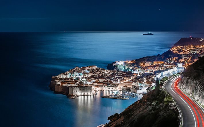 sea, dalmatia, excerpt, road lights, night, dubrovnik, croatia
