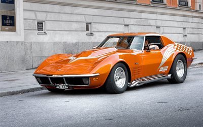 retro cars, classic, sports cars, chevrolet corvette, orange corvette