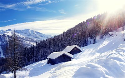 austria, houses, mountains, alps, winter