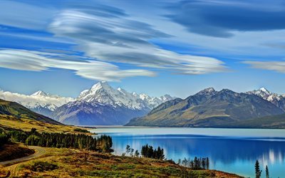 湖pukaki, 夏, 新zelandia, 山々, ニュージーランド