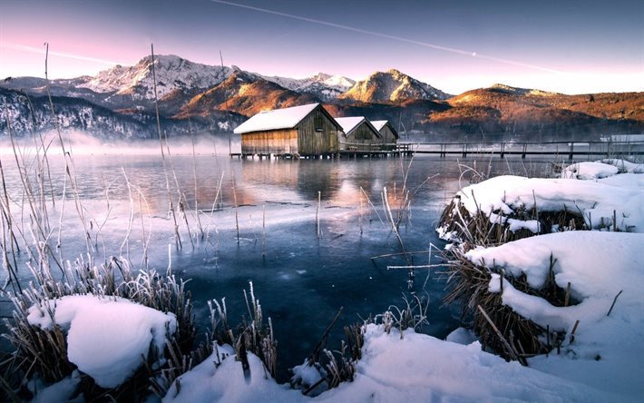 ice, winter, hut, houses, lake, mountains, sunset