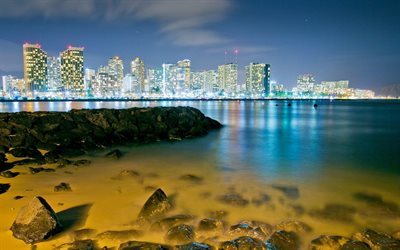 hawaii, islas de hawai, la bah&#237;a de, estados unidos, rascacielos, la noche, honolulu