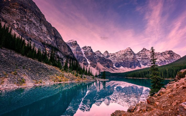 モレーン湖があり, 山々, カナダ, 夕日