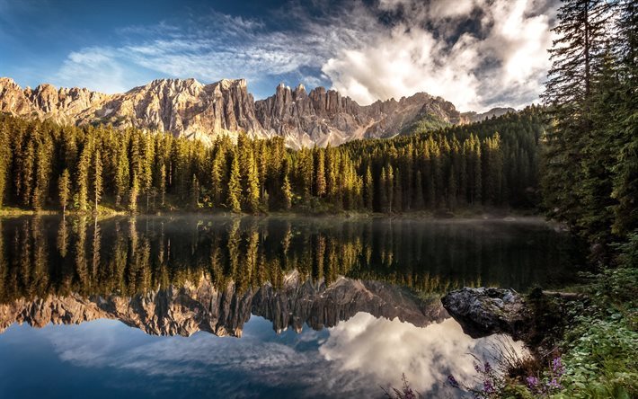 bolzano, mountains, italy, forest, karersee, lake carezza, alto adige