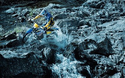 motorcyclist, mountain river, motocross bike