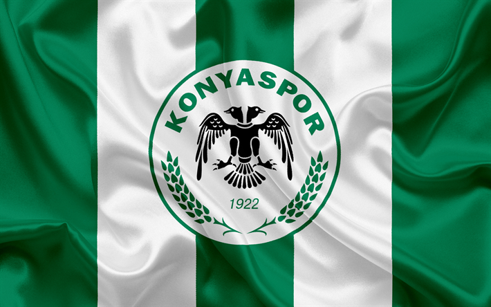 Konyaspor, Turkish football club, football, Konyaspor emblem, logo, green silk flag, Konya, Turkey, Turkish Football Championship
