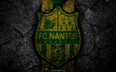 Nantes, logo, art, Liga 1, soccer, football club, Ligue 1, grunge, Nantes FC