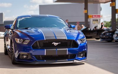 Ford Mustang, Blue, sports car, tuning Mustang, front view, American cars, Ford