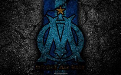 Olympique Marseille, logo, art, Liga 1, soccer, football club, Ligue 1, grunge, Marseille FC