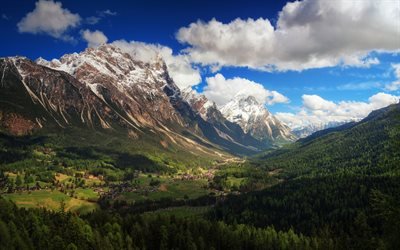 Dolomit Alperna, mountain valley, sommar, berg, bergskedjan, Italien