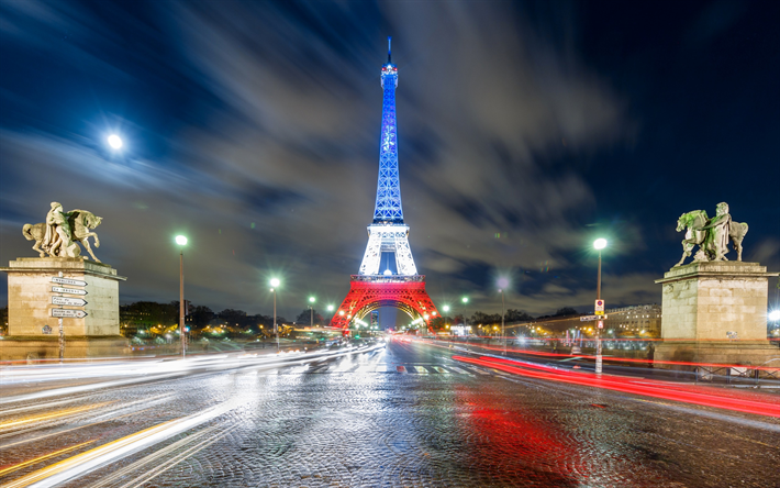 Eiffel Tower, Paris, flag of France, evening, city lights, France