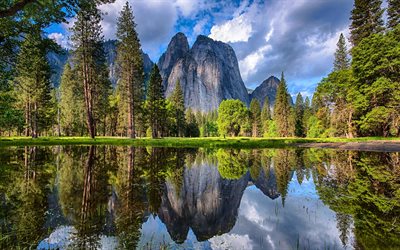 rocks, mountain landscape, mountain lake, forest, cloudy weather, USA, Yosemite