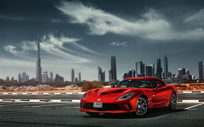 4k, la Dodge Viper SRT, parking, 2018 voitures, Duba&#239;, vip&#232;re rouge, supercars, Dodge
