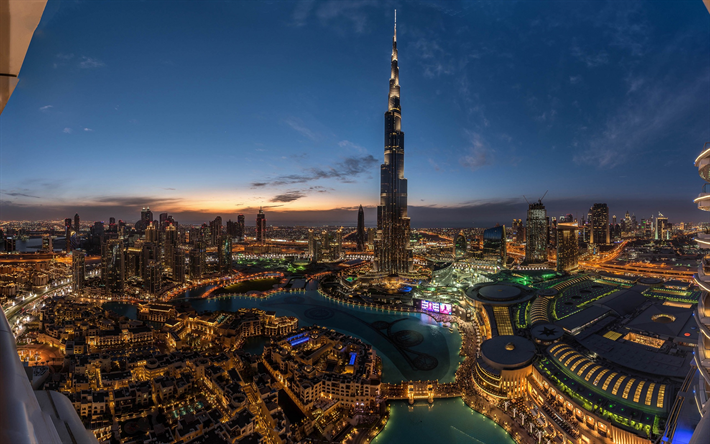 Burj Khalifa, Dubai, fountains, modern architecture, skyscrapers, tallest building in the world, twilight, cityscape, night, city lights, United Arab Emirates, metropolis, UAE