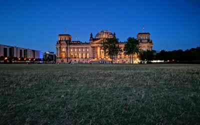 Reichstag building, Berlin, Germany, evening, city lights, building of the state assembly