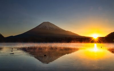 Mount Fuji, stratovolcano, lake, morning, fog, Fujiyama, Honshu Island, Japan, mountain landscape