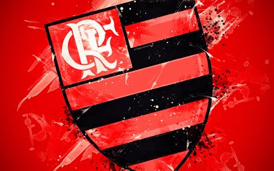 CR Flamengo, 4k, paint art, logo, creative, Brazilian football team, Brazilian Serie A, emblem, red background, grunge style, Rio de Janeiro, Brazil, football, Flamengo FC