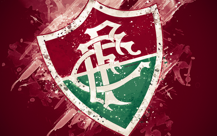 Fluminense FC, 4k, paint art, logo, creative, Brazilian football team, Brazilian Serie A, emblem, burgundy background, grunge style, Rio de Janeiro, Brazil, football