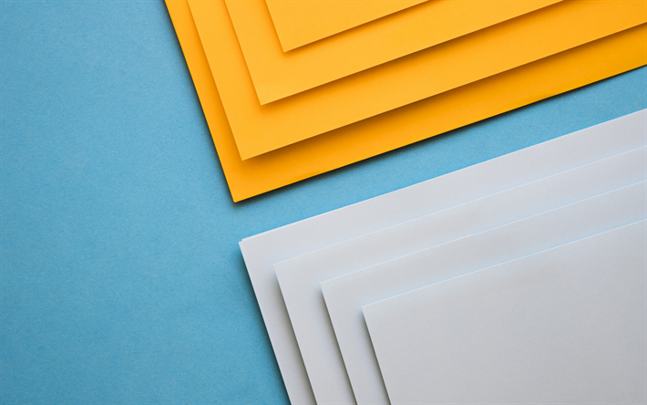 yellow white abstraction, blue background, yellow paper, white paper, material design