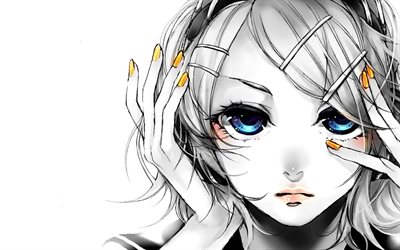 Kagamine Rin, ojos azules, ilustraci&#243;n, manga, Vocaloid
