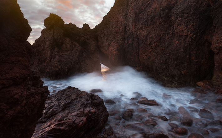 rannikolla, kivi&#228;, aamulla, sunrise, aallot, ocean, USA