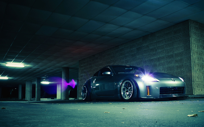 Nissan 350z, 4k, tuning, night, supercars, stance, silver 350z, Nissan