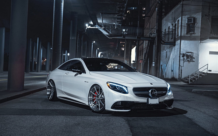Mercedes-Benz S63 AMG, luxury tuning, front view, white coupe, new white S63, silver wheels, Mercedes