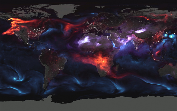 Mapa, noite, Terra, atmosfera, as correntes de ar, mapa de conceitos, Terra &#224; noite, luzes da cidade, mapa