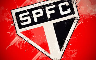 Sao Paulo FC, 4k, paint art, logo, creative, Brazilian football team, Brazilian Serie A, emblem, red background, grunge style, Sao Paulo, Brazil, football