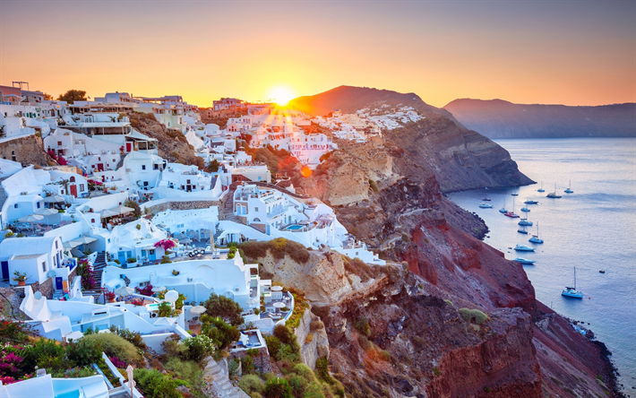 Santorini, Egeanmeren, H&#228;n, Tuliper&#228;inen saari, aamulla, sunrise, merimaisema, romanttinen paikka, valkoiset talot, Kreikka