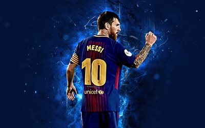 4k, Lionel Messi, back view, abstract art, football, Barcelona, La Liga, Argentinian footballer, Messi, Barca, Leo Messi, footballers, neon lights, soccer, Barcelona FC, LaLiga