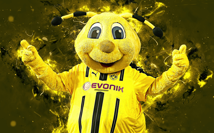 EMMA, 4k, mascot, Borussia Dortmund, abstract art, Bundesliga, german football club, BVB, creative, official mascot, neon lights, Borussia Dortmund FC mascot