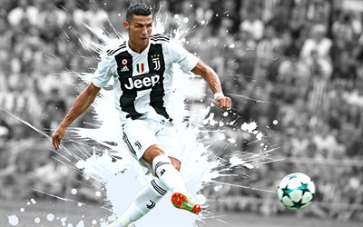 Cristiano Ronaldo, 4k, arte, A Juventus FC, salpicos de tinta, Futebolista portugu&#234;s, grunge arte, arte criativa, Serie A, It&#225;lia, futebol, Mundo de futebol estrela