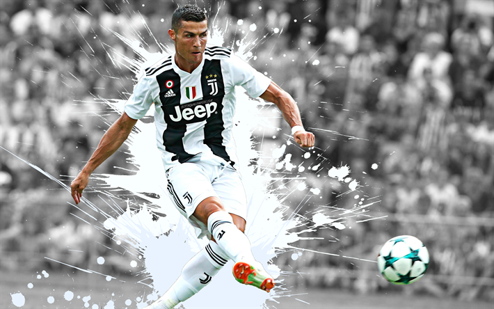 Cristiano Ronaldo, 4k, l&#39;arte, la Juventus FC, schizzi di vernice, calciatore portoghese, grunge, arte, creativo, Serie A, Italia, calcio, Mondiali di calcio stella