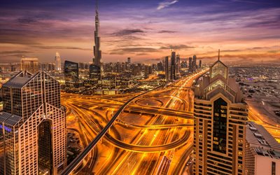Dubai, metropolis, Burj Khalifa, city lights, evening, sunset, skyscrapers, modern architecture, bridges, UAE, city panorama