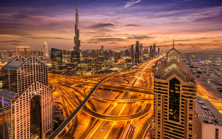 دبي, حاضرة, برج خليفة, أضواء المدينة, مساء, غروب الشمس, ناطحات السحاب, العمارة الحديثة, الجسور, الإمارات العربية المتحدة, المدينة بانوراما