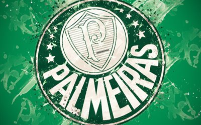 Palmeiras FC, Sociedade Esportiva Palmeiras, 4k, m&#229;la konst, logotyp, kreativa, Brasiliansk fotboll, Brasiliansk Serie A, emblem, gr&#246;n bakgrund, grunge stil, Sao Paulo, Brasilien, fotboll