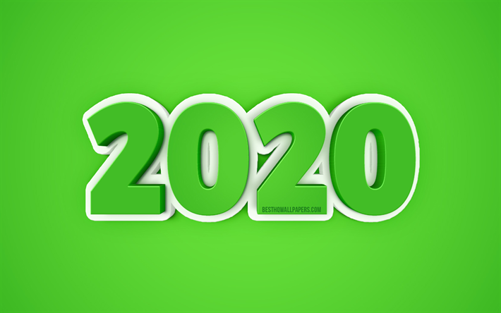 2020 A&#241;o de conceptos, Verde 2020 fondo, arte creativo, 2020 3D de fondo, Feliz A&#241;o Nuevo, 2020 conceptos, arte 3D, 2020, letras 3D