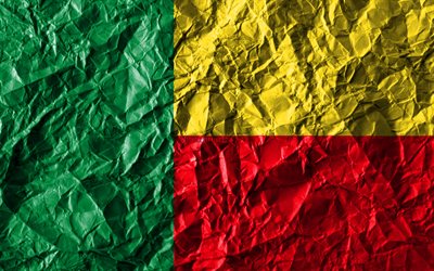 Benin flag, 4k, crumpled paper, African countries, creative, Flag of Benin, national symbols, Africa, Benin 3D flag, Benin