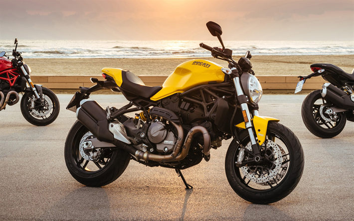 Ducati Monster, 2019, exterior, side view, new yellow Monster 821, italian motorcycles, Ducati