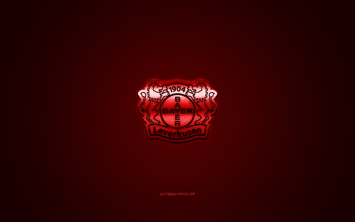 Il Bayer 04 Leverkusen, club di calcio tedesco, la Bundesliga, logo rosso, rosso contesto in fibra di carbonio, calcio, Leverkusen, Germania, Bayer 04 Leverkusen logo