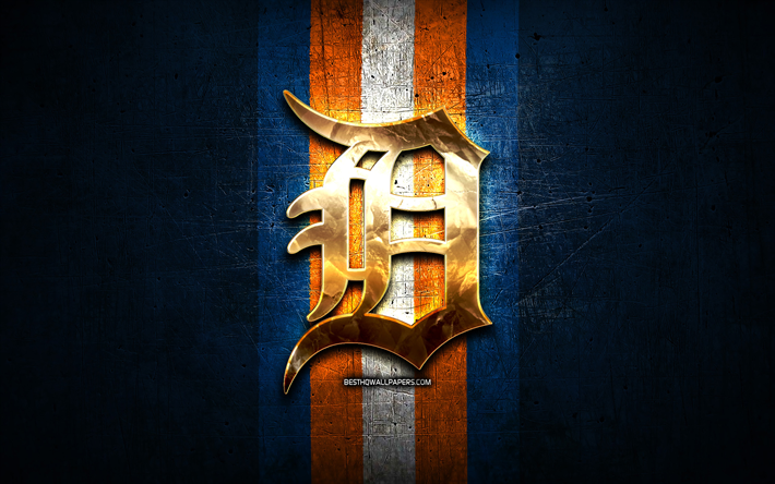 Detroit Tigers, golden logo, MLB, blue metal background, american baseball team, Major League Baseball, Detroit Tigers logo, baseball, USA