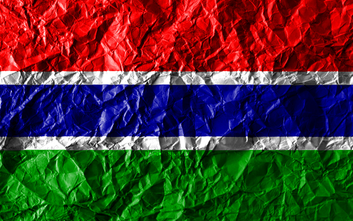 Gambian bandeira, 4k, papel amassado, Pa&#237;ses da &#225;frica, criativo, Bandeira da G&#226;mbia, s&#237;mbolos nacionais, &#193;frica, G&#226;mbia 3D bandeira, G&#226;mbia