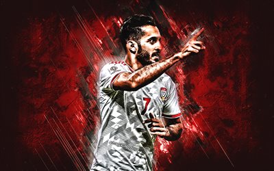 Ali Mabkhout, Yhdistyneiden Arabiemiirikuntien jalkapallomaajoukkue, muotokuva, UAE, punainen kivi tausta, jalkapallo