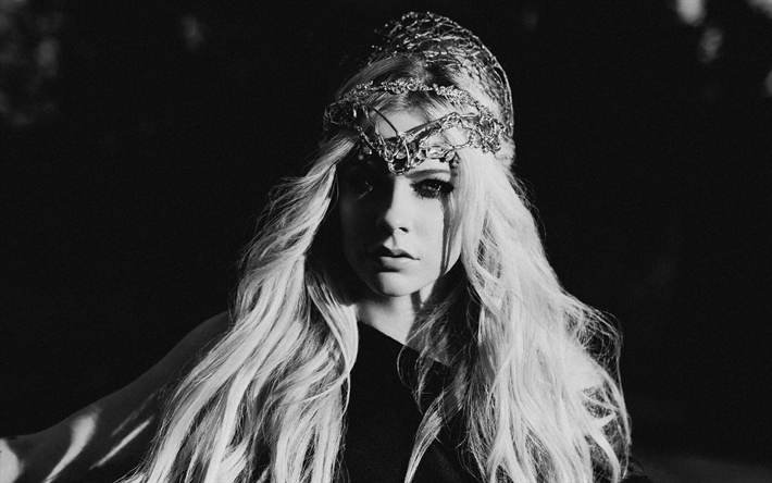 Avril Lavigne, portr&#228;tt, kanadensisk s&#229;ngare, foto skjuta, svartvitt, svart kl&#228;nning