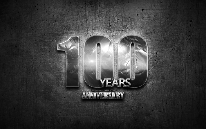 100 Years Anniversary, silver signs, creative, anniversary concepts, 100th anniversary, brown metal background, Silver 100th anniversary sign