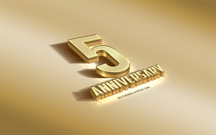 5th Anniversary sign, golden 3d symbol, golden Anniversary background, 5th Anniversary, creative 3d art, 5 Years Anniversary, 3d Anniversary sign