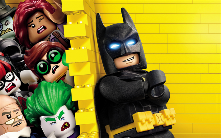 Lego Batman, poster, promo, t&#252;m karakterler, sarı arka plan, s&#252;per kahramanlar, Lego